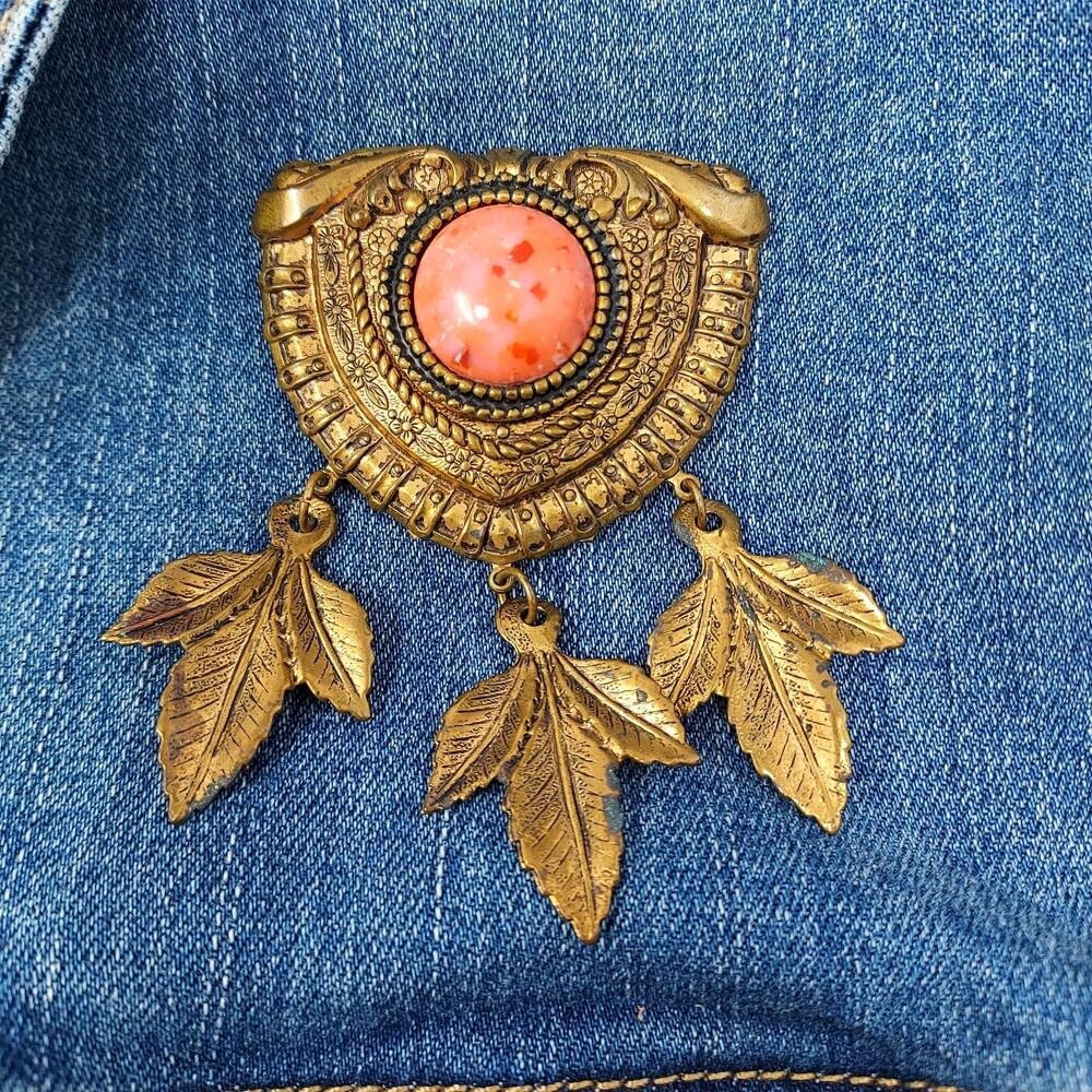 Vintage Copper Shield Shape Brooch Orange Center Stone Leaf Dangles 3" x 2.5"